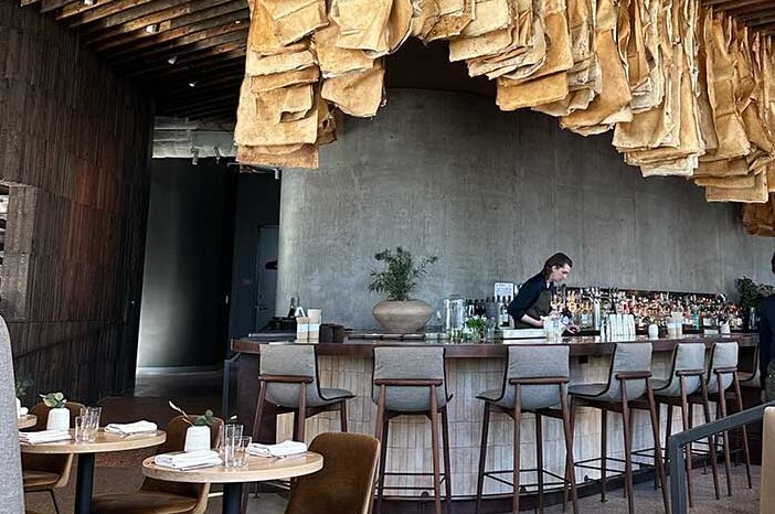 populus-hotel-denver-creative-fuel Leather tapestry hanging above the bar at the carbon-positive hotel in Denver, Colorado