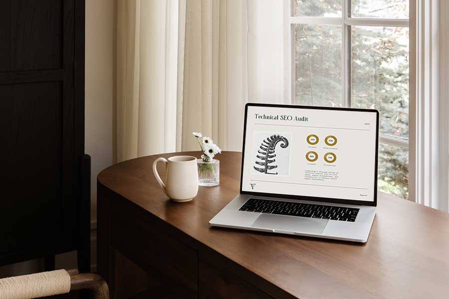 Technical Site audit report open on a laptop. Office is high-end with walnut desk and gauzy curtains